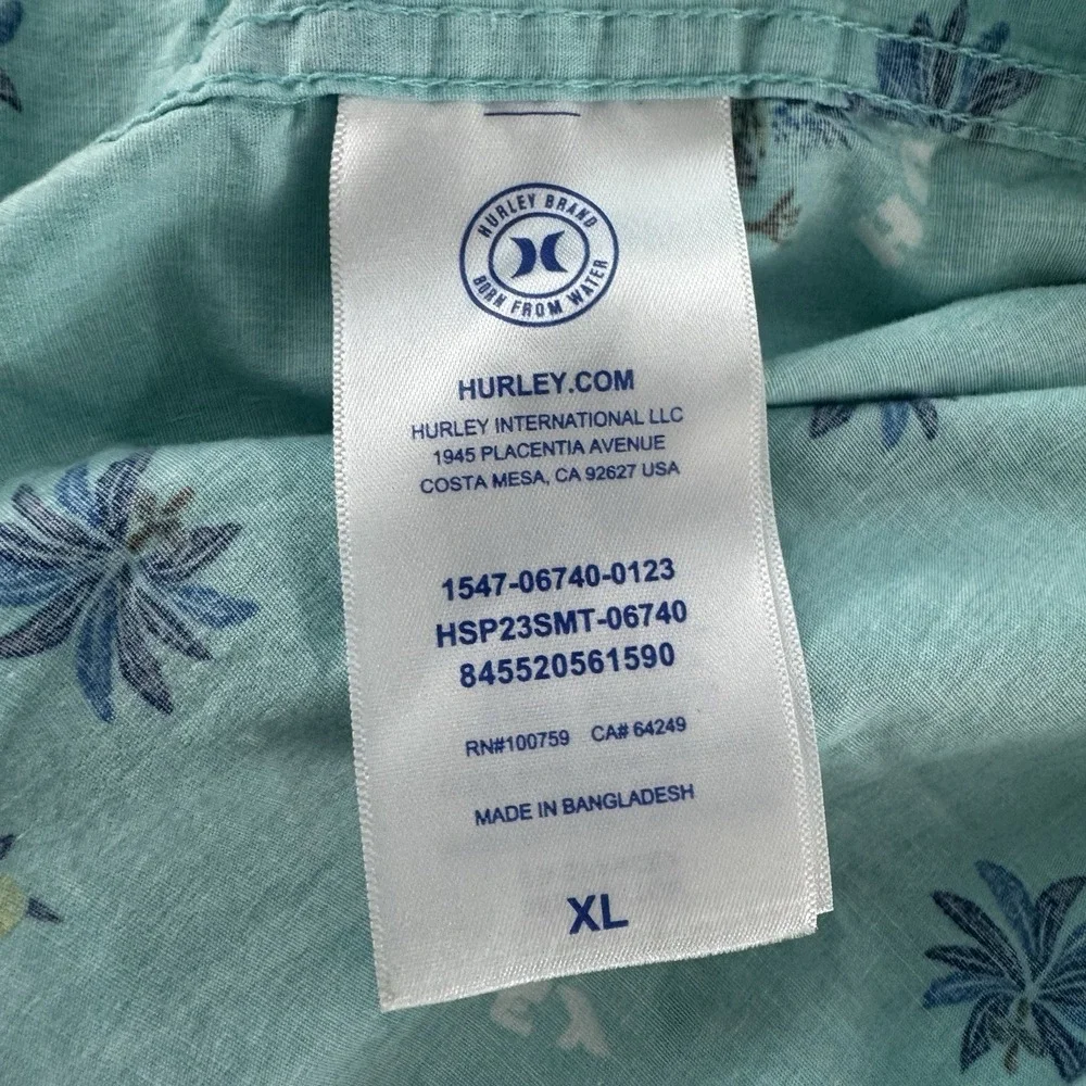 Hurley Men XL Teal Tropical Hawaiian Button Up Stretch Fit Logo Print Surf Beach